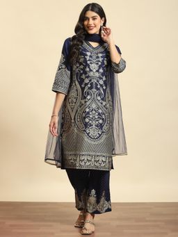 Shree - Women Poly Viscose Navy Blue Ornamental Print Kurta And Comfort Pant With Dupatta (Set Of 3)