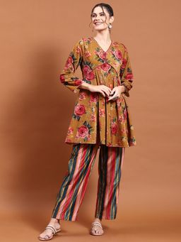 Shree - Women Winter Velvet Mustard Floral Print Co-Ord (Set Of 2)