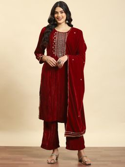 Shree - Women Winter Velvet Maroon Embroidered Kurta And Comfort Pant With Dupatta (Set Of 3)