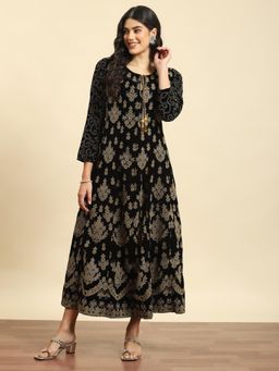 Shree - Women Winter Velvet Black Ornamental Print Dress