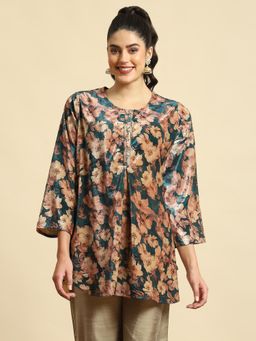 Shree - Women Winter Velvet Teal Floral Print Tunic