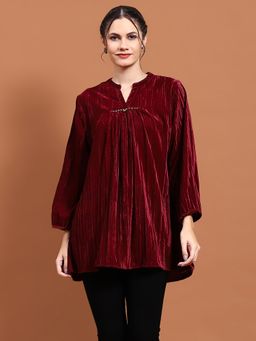 Shree - Women Winter Velvet Red Solid Tunic