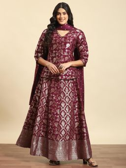 Shree - Women Jacquard Magenta Woven Kurti And Skirt With Dupatta (Set Of 3)