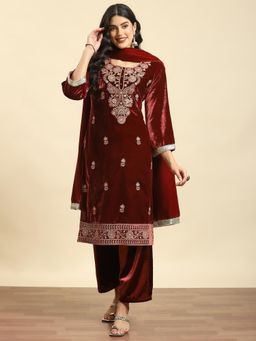 Shree - Women Winter Velvet Burgundy Embroidered Kurta And Comfort Pant With Dupatta (Set Of 3)