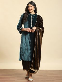 Shree - Women Winter Velvet Teal Embroidered Kurta And Comfort Pant With Dupatta (Set Of 3)
