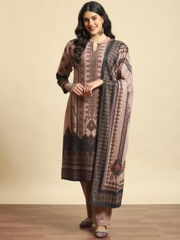 Shree - Women Winter Acrylic Peach Printed Kurta And Pant With Dupatta (Set Of 3)