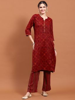 Shree - Women Rayon Maroon Geometric Print Kurta With Comfort Pant (Set Of 2)
