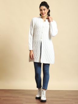 Shree - Women Winter Woolen White Solid Long Sweater