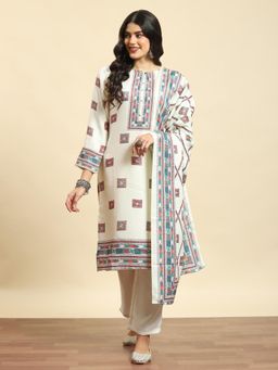 Shree - Women Winter Pashmina Off White Geometric Print Kurta And Comfort Pant With Dupatta (Set Of 3)
