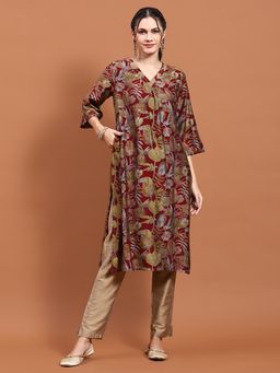 Shree - Women Muslin Maroon Floral Print Kurta