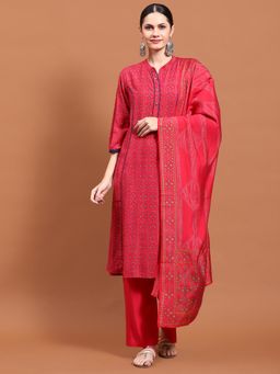 Shree - Women Muslin Fuchsia Geometric Print Kurta And Comfort Pant With Dupatta (Set Of 3)