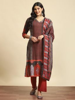 Shree - Women Rayon Maroon Geometric Print Kurta And Comfort Pant With Dupatta (Set Of 3)