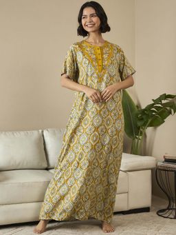 July Nightwear - Rayon Mustard Long Nighty For Women
