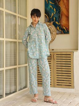 SAY - Blue Shirt Collar Pure Cotton Printed Night Suit For Women (Set of 2)