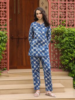 SAY - Blue Pure Cotton Printed Geometric Night Suit For Women (Set of 2)