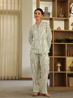 SAY - White Shirt Collar Viscose Rayon Printed Night Suit For Women (Set of 2)