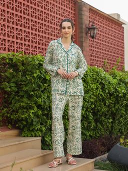 SAY - White Shirt Collar Pure Cotton Printed Geometric Night Suit For Women (Set of 2)