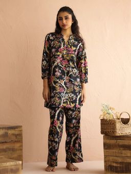 SAY - Olive Mandarin Collar Pure Cotton Printed Night Suit For Women (Set of 2)