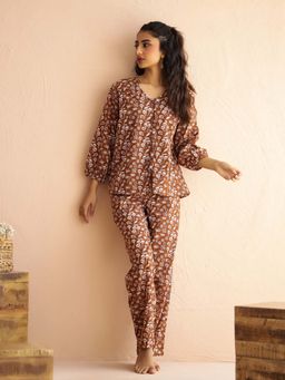SAY - Brown Pure Cotton Printed Night Suit For Women (Set of 2)