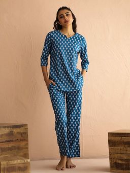 SAY - Blue Viscose Rayon Printed Ethnic Motifs Night Suit For Women (Set of 2)