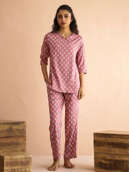 SAY - Pink Viscose Rayon Printed Ethnic Motifs Night Suit For Women (Set of 2)