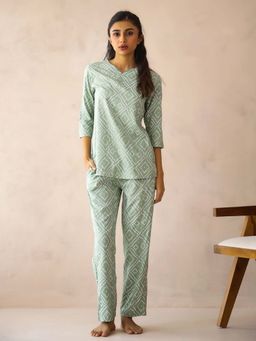 SAY - Sea Green Viscose Rayon Printed Ethnic Motifs Night Suit For Women (Set of 2)