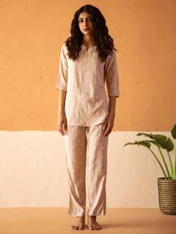 SAY - Cream Viscose Rayon Printed Ethnic Motifs Night Suit For Women (Set of 2)