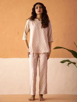 SAY - Cream Viscose Rayon Printed Ethnic Motifs Night Suit For Women (Set of 2)