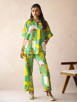 SAY - Green Shirt Collar Pure Cotton Printed Night Suit For Women (Set of 2)