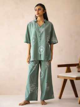 SAY - Green Shirt Collar Pure Cotton Printed Night Suit For Women (Set of 2)