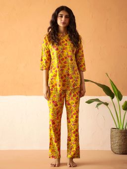 SAY - Yellow Pure Cotton Printed Night Suit For Women (Set of 2)