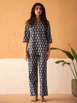 SAY - Black Pure Cotton Printed Night Suit For Women (Set of 2)