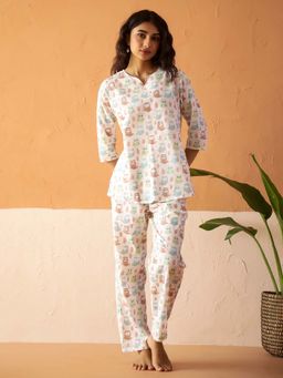 SAY - White Pure Cotton Printed Night Suit For Women (Set of 2)