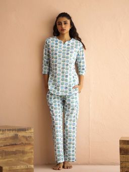 SAY - White Pure Cotton Printed Night Suit For Women (Set of 2)