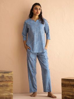 SAY - Blue Pure Cotton Printed Striped Night Suit For Women (Set of 2)