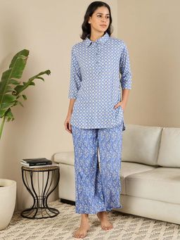 July Nightwear - Rayon Blue Shirt & Pyjama For Women (Set of 2)