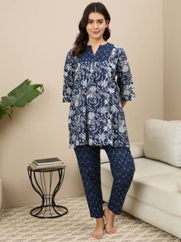 July Nightwear - Cotton Navy Blue Kurti With Pyjama For Women (Set of 2)