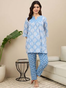 July Nightwear - Cotton Blue Kurti With Pyjama For Women (Set of 2)