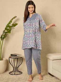 July Nightwear - Cotton Blue Kurti With Pyjama For Women (Set of 2)