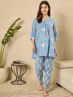 July Nightwear - Cotton Blue Kurti With Pyjama For Women (Set of 2)