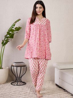 July Nightwear - Cotton Pink Kurti With Pyjama For Women (Set of 2)