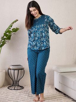 July Nightwear - Cotton Blue Short Kurti With Pyjama For Women (Set of 2)
