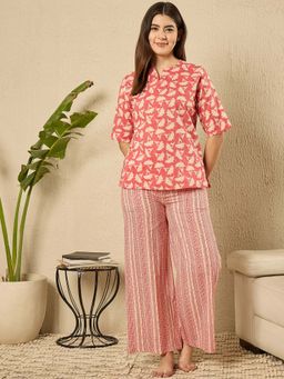 July Nightwear - Cotton Rust Short Kurti With Pyjama For Women (Set of 2)