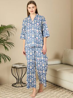 July Nightwear - Cotton Blue Short Kurti With Pyjama For Women (Set of 2)