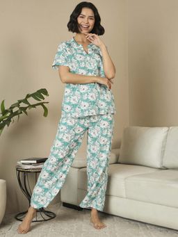 July Nightwear - Rayon Blue Short Kurti With Pyjama For Women (Set of 2)