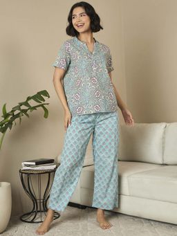 July Nightwear - Cotton Blue Short Kurti With Pyjama For Women (Set of 2)