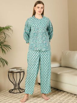 July Nightwear - Cotton Blue Short Kurti With Pyjama For Women (Set of 2)