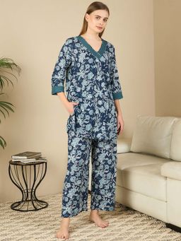 July Nightwear - Rayon Blue Kurti With Pyjama For Women (Set of 2)