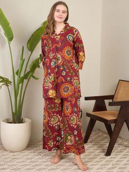 July Nightwear - Cotton Maroon Kurti With Pyjama For Women (Set of 2)