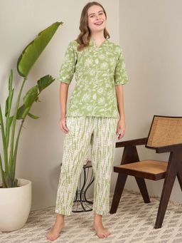 July Nightwear - Cotton Green Short Kurti With Pyjama For Women (Set of 2)